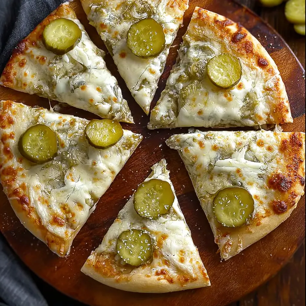 A slice of pizza with pickles on top.