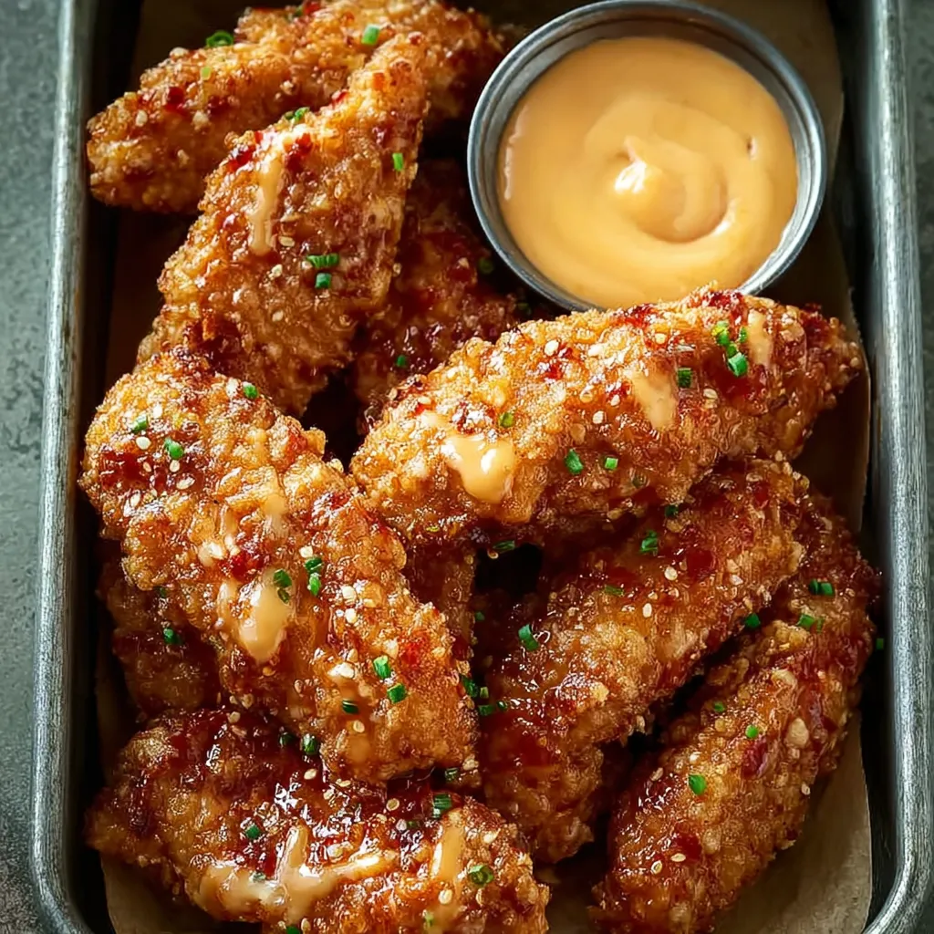 A tray of crispy spicy chicken strips.
