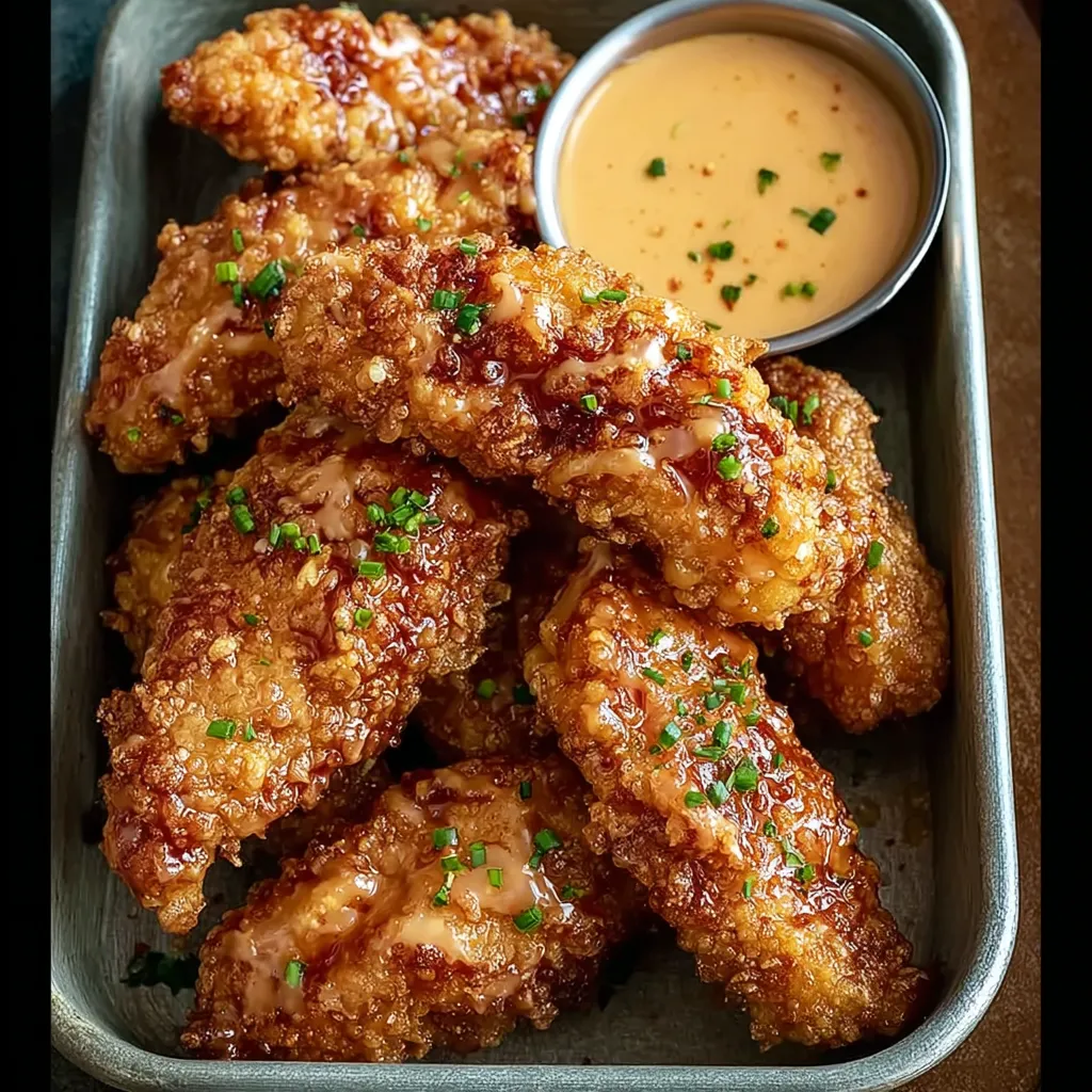 A tray of crispy spicy chicken strips.