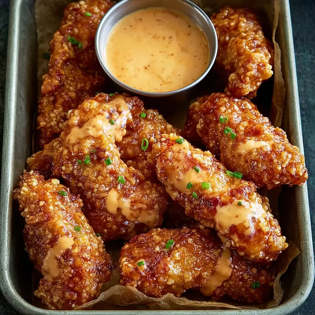 A tray of crispy spicy chicken strips.