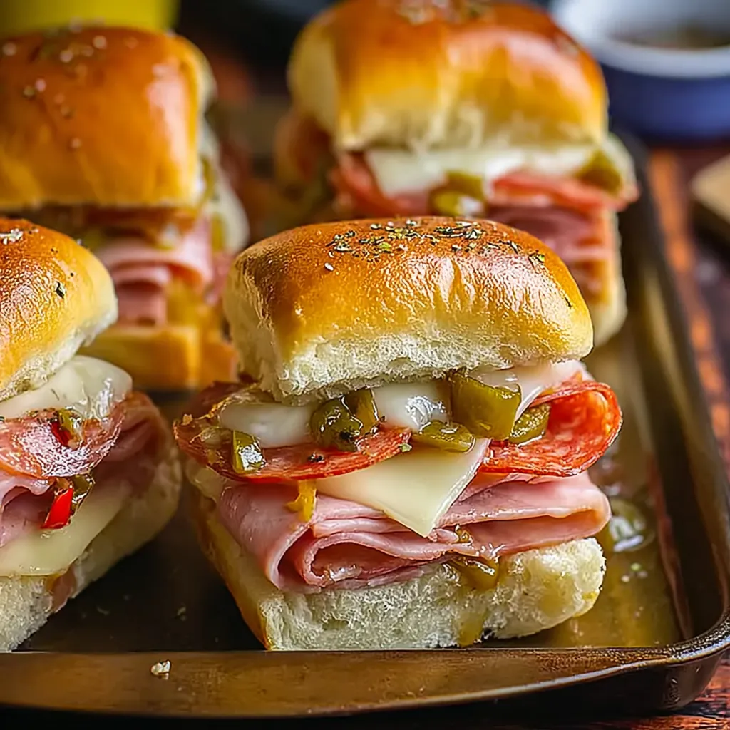 A tray of sandwiches with meat and cheese.