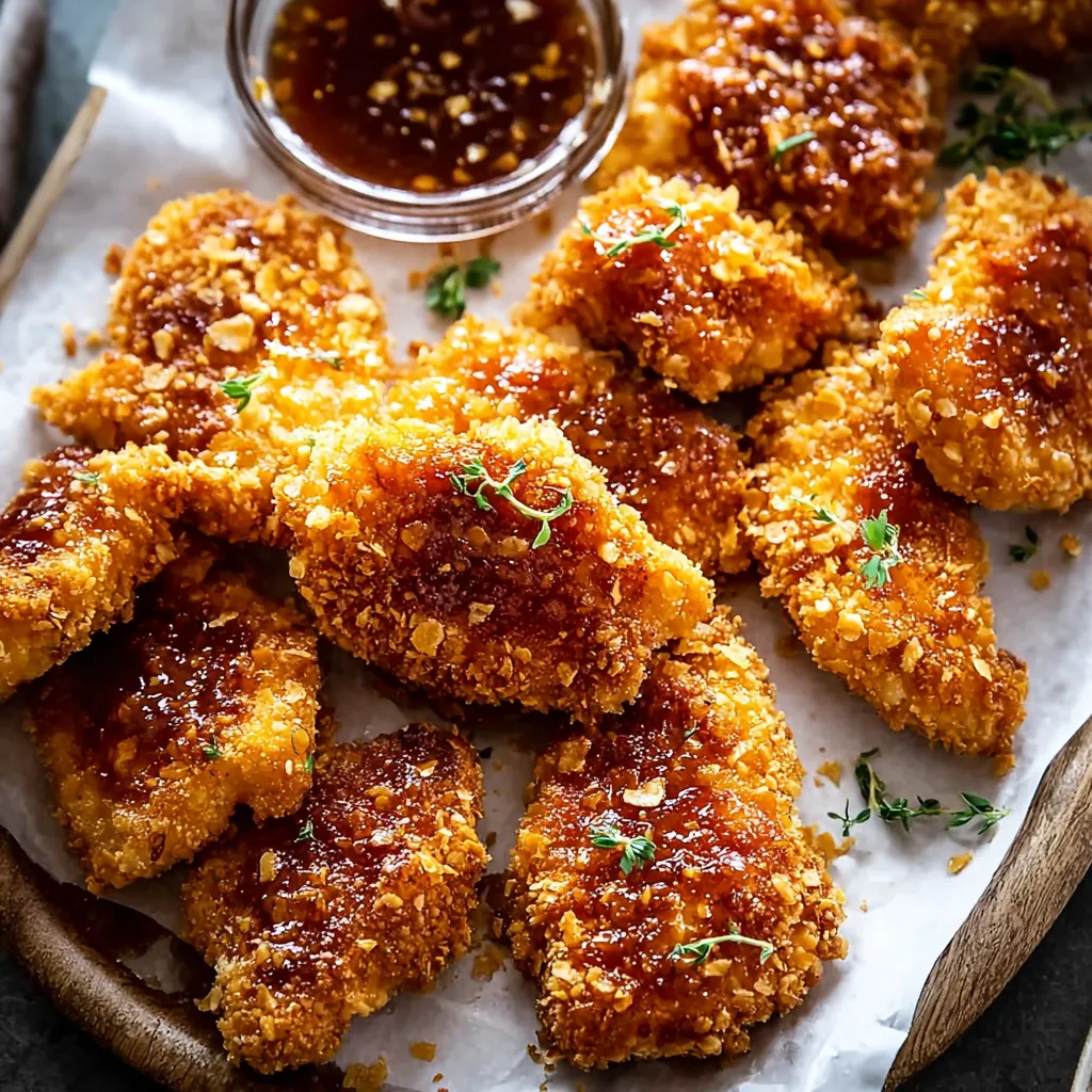 Crispy sweet heat chicken with a dipping sauce.