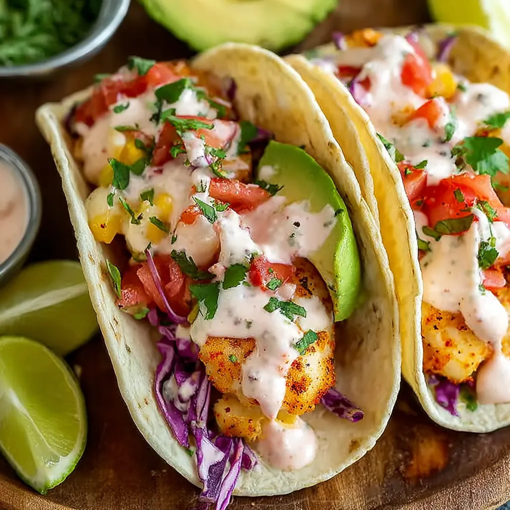 Two fish tacos with tomatoes and avocado.