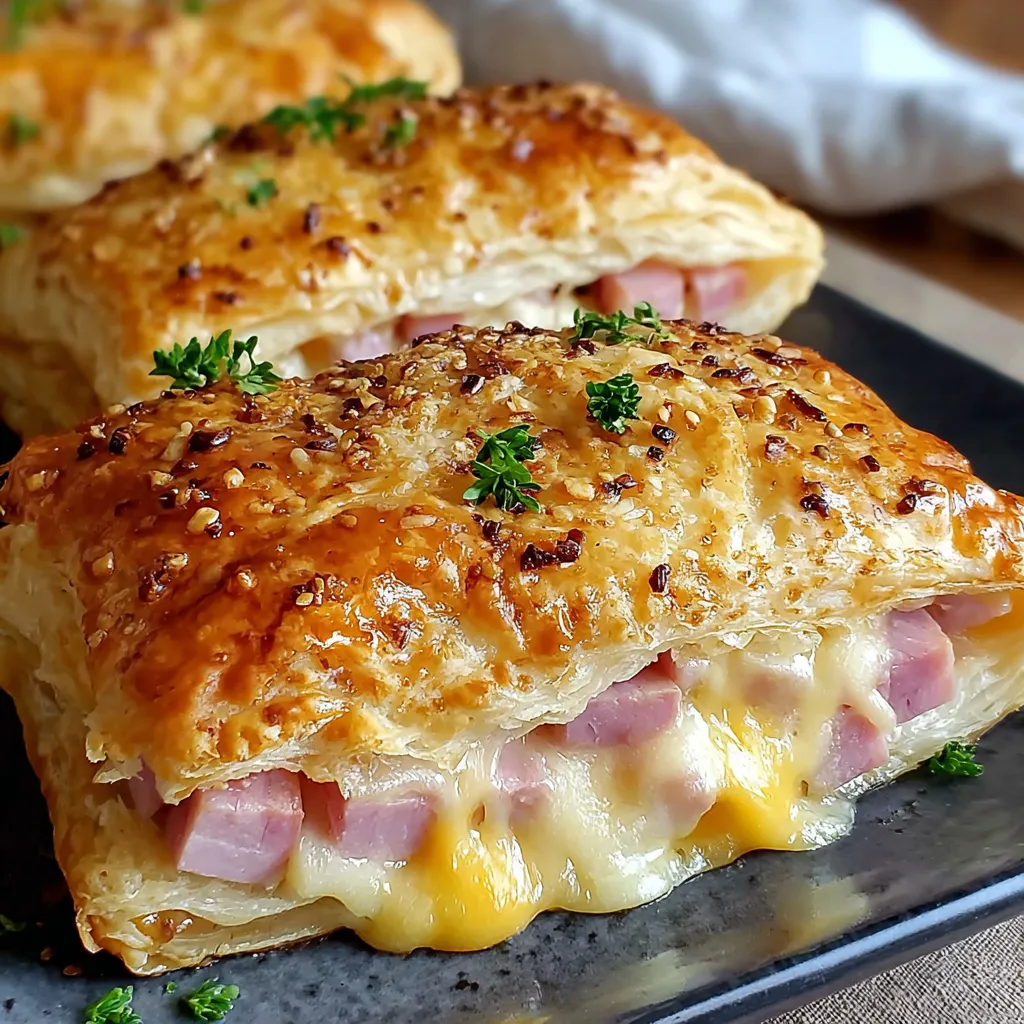 A pastry with ham and cheese on a plate.