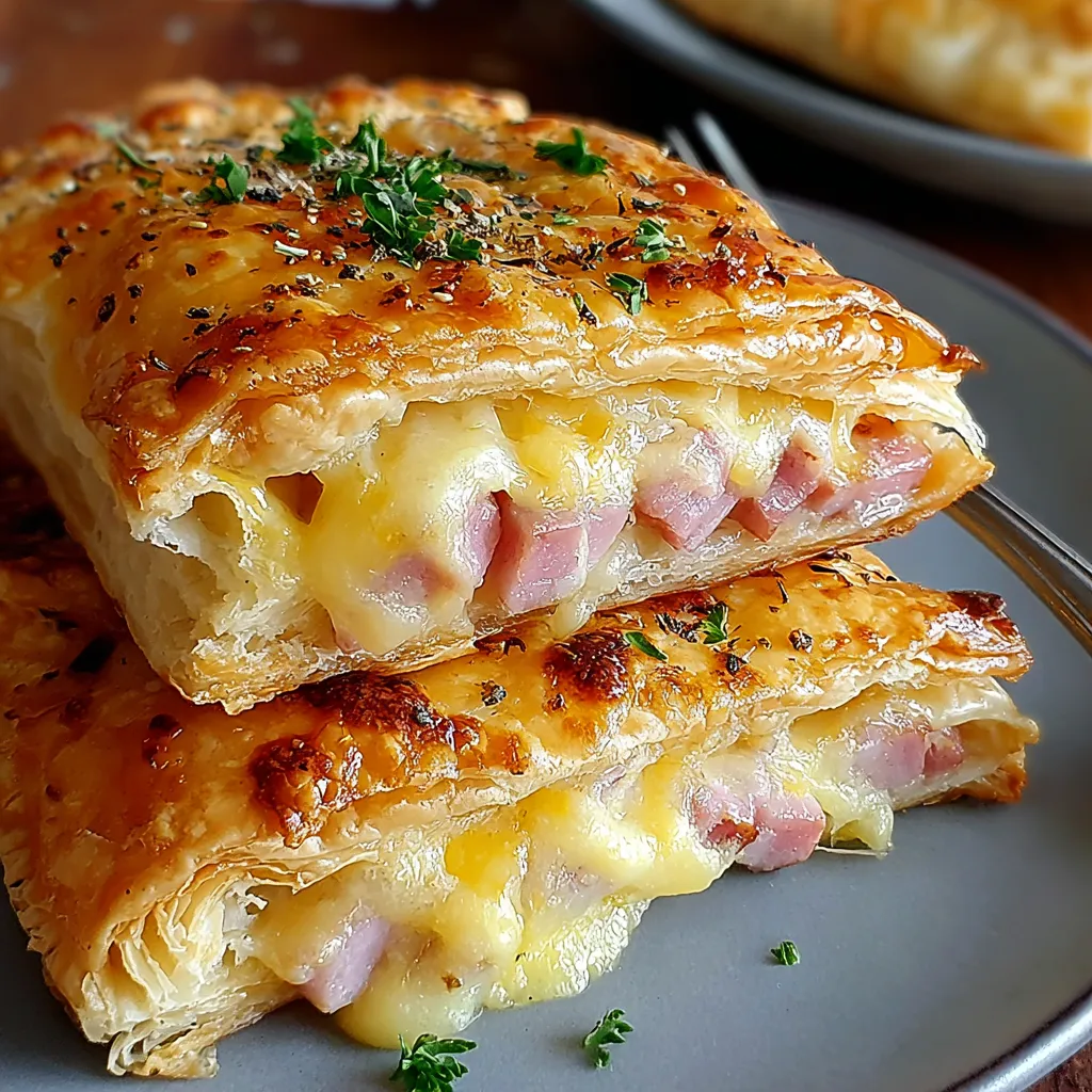 A pastry with cheese and ham on top.