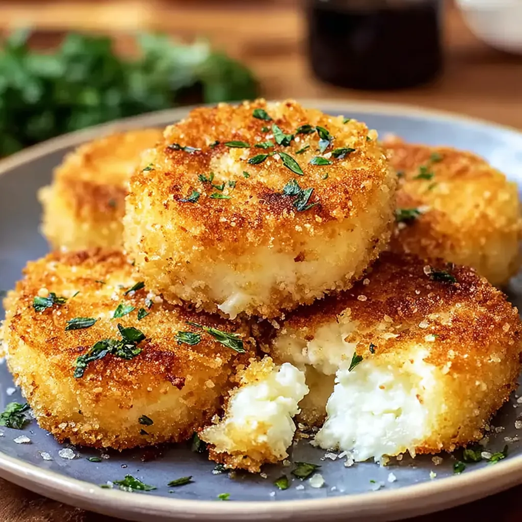Fried goat cheese on a plate.