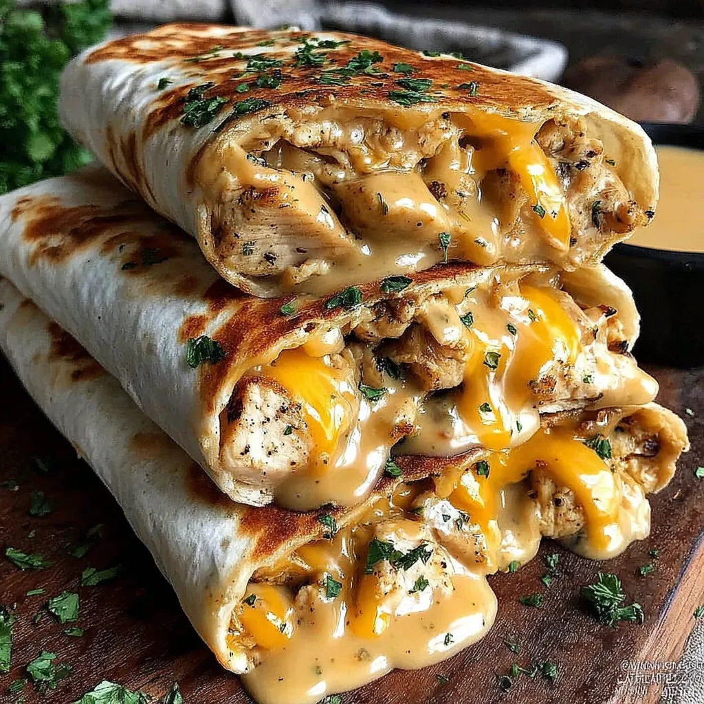 Two cheesy garlic chicken wraps on a wooden table.