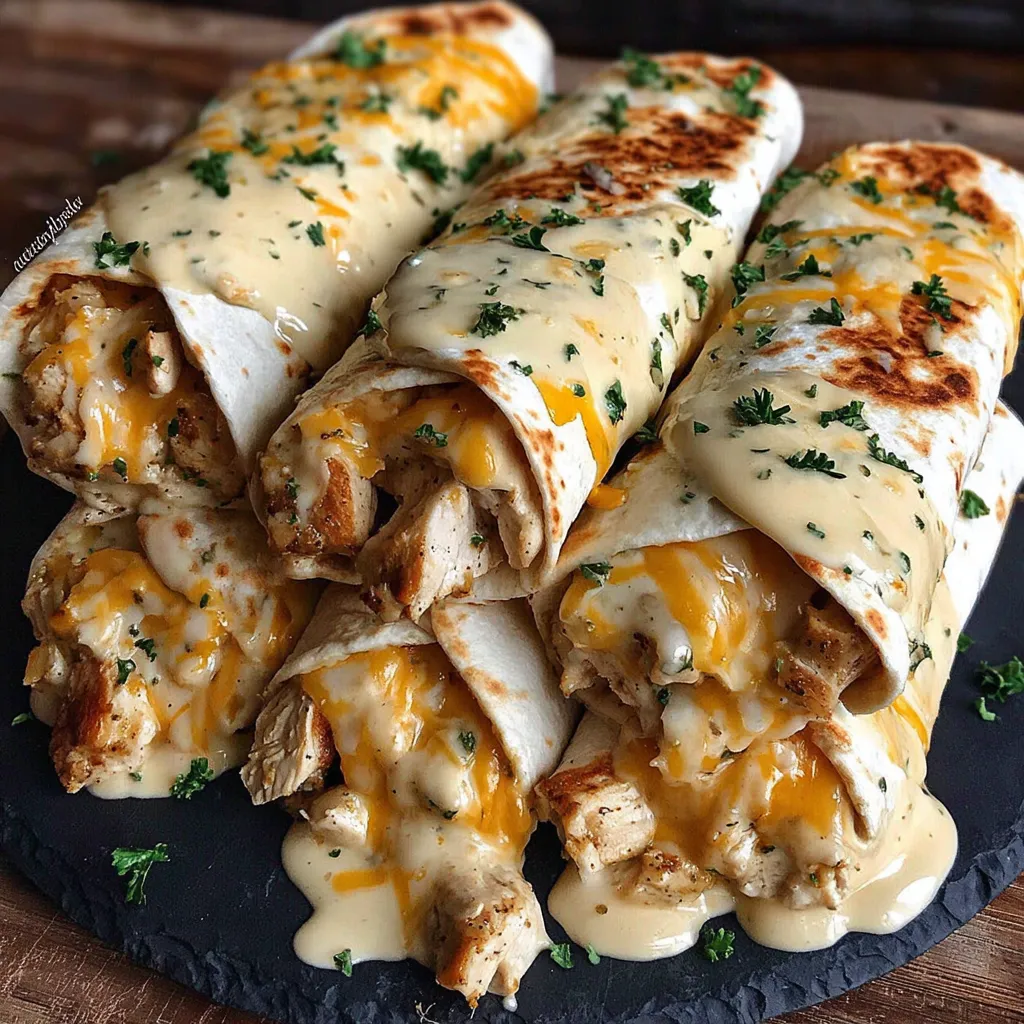 Cheesy garlic chicken wraps on a black plate.