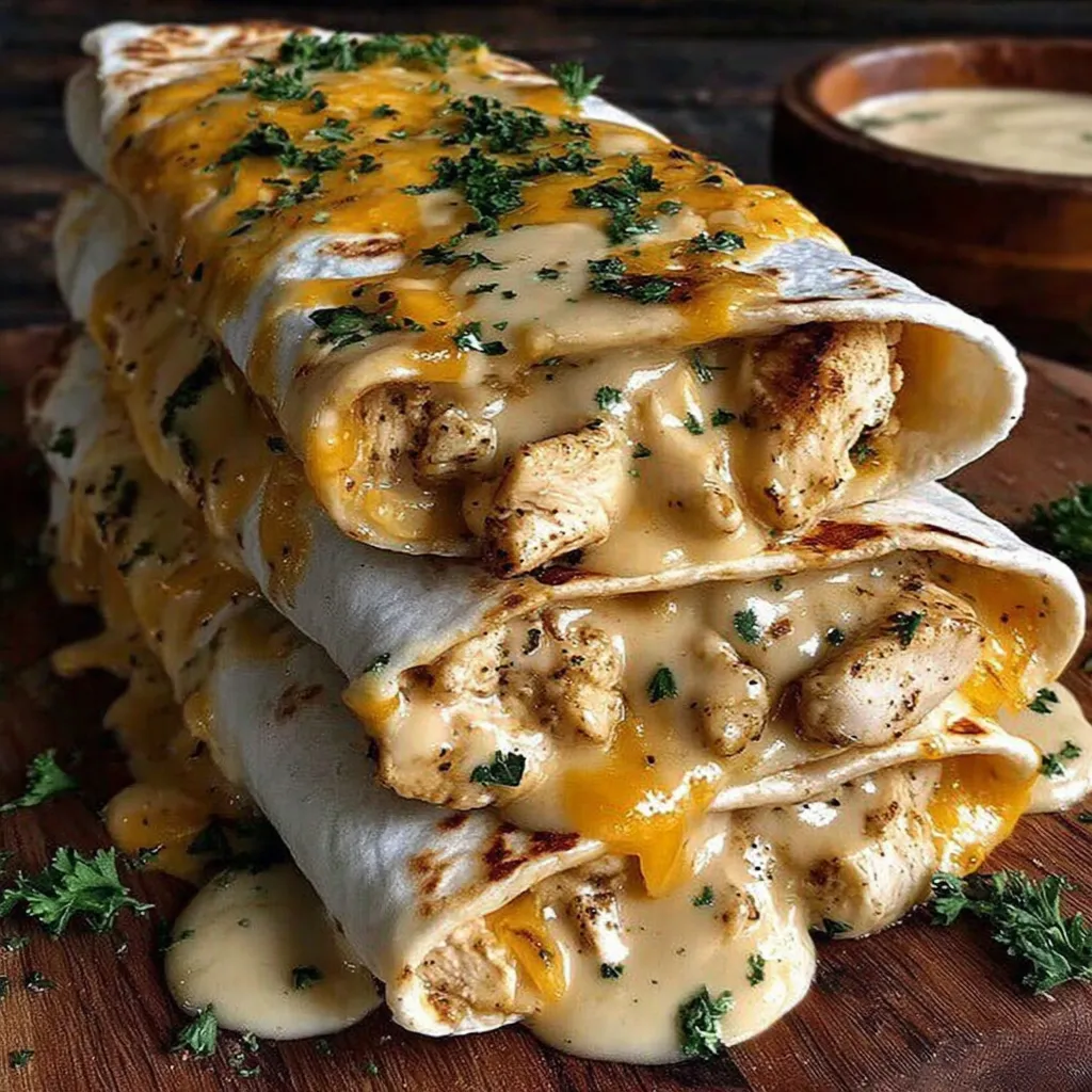 A stack of cheesy garlic chicken wraps.