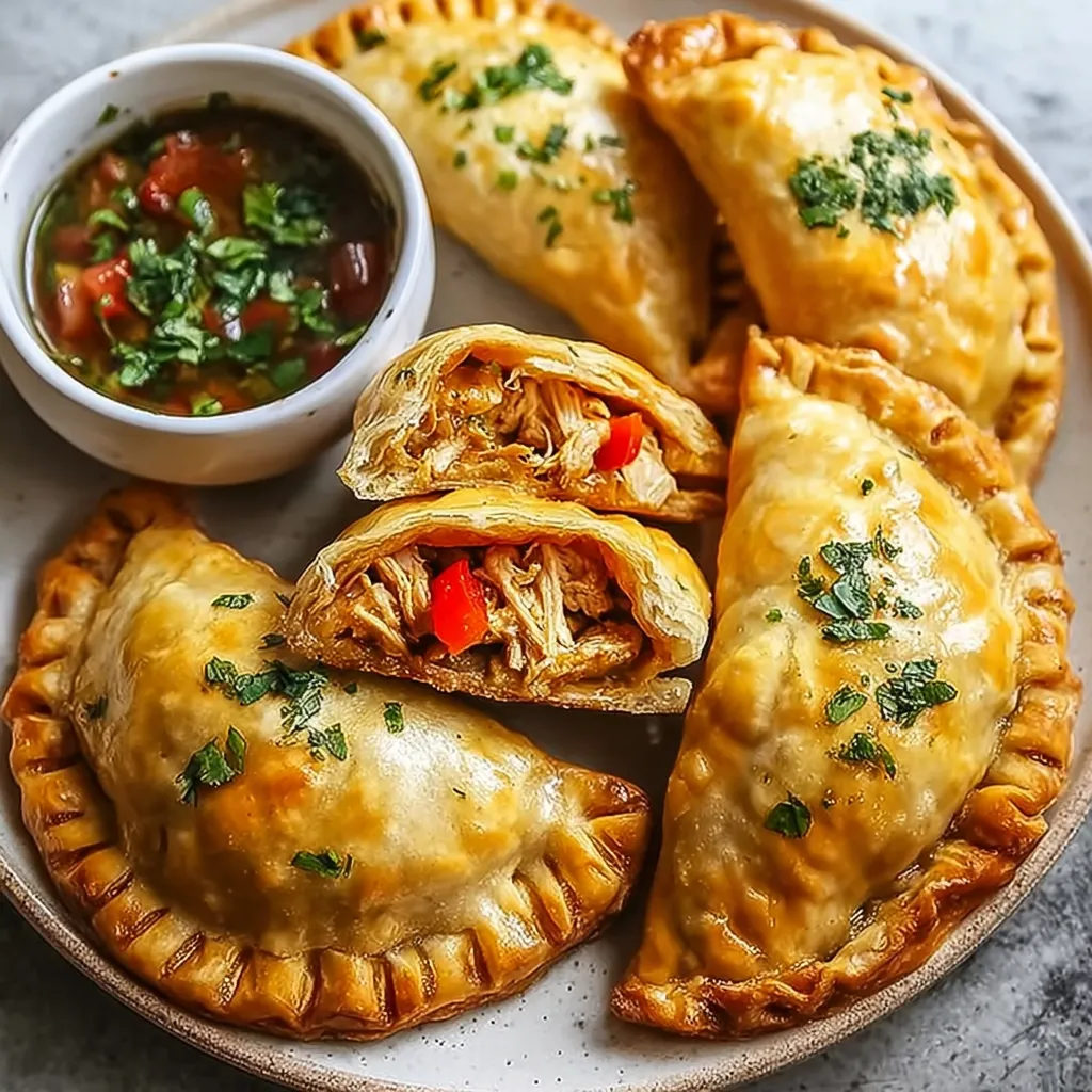 A plate of chicken empanadas with a bowl of sauce.