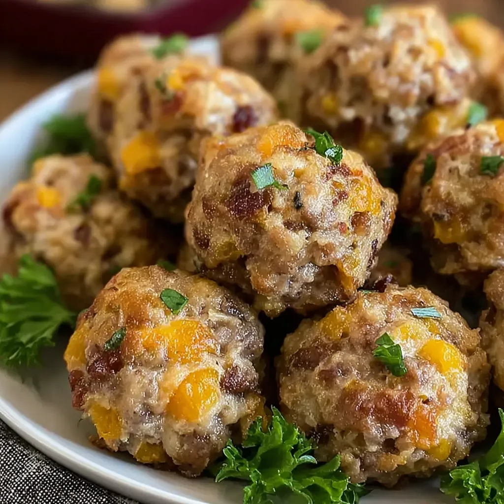 A plate of stuffing balls with sausage on it.