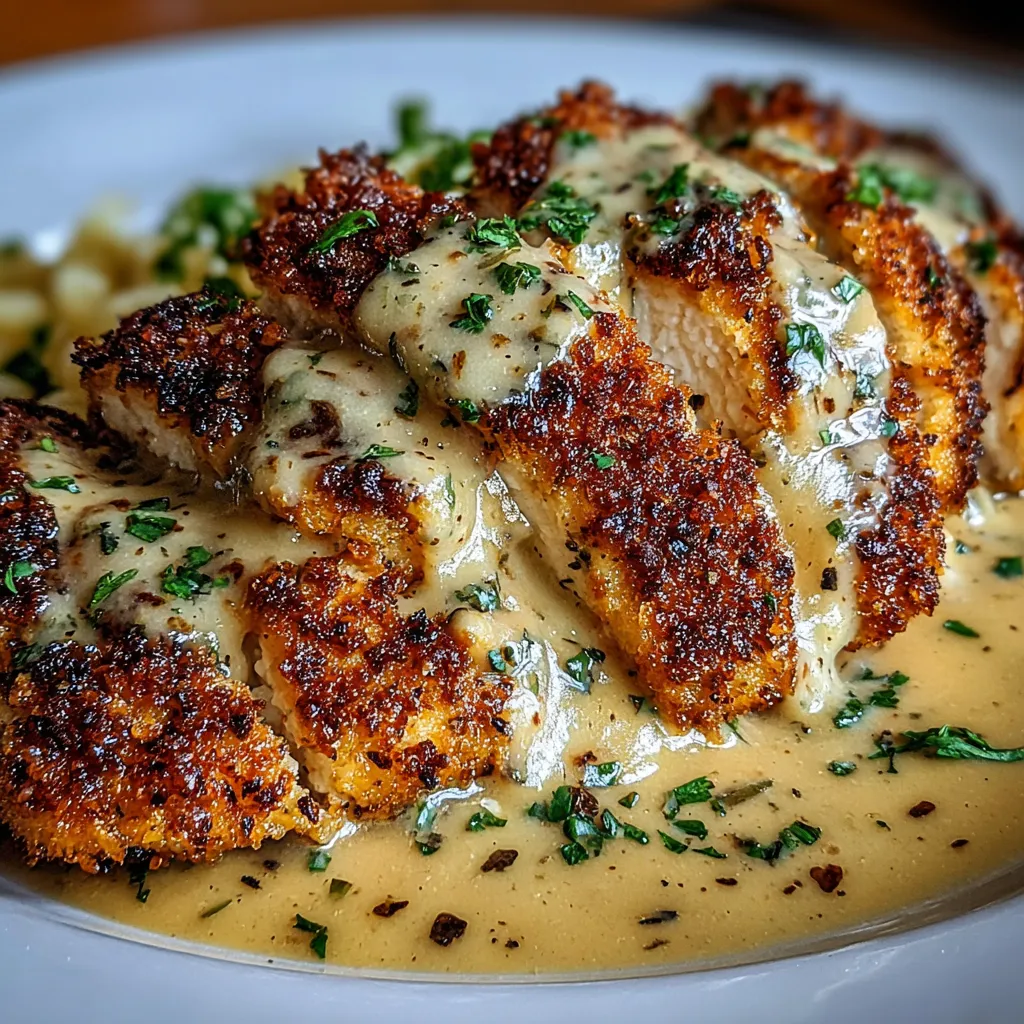 A plate of crispy Parmesan chicken with a rich garlic sauce.
