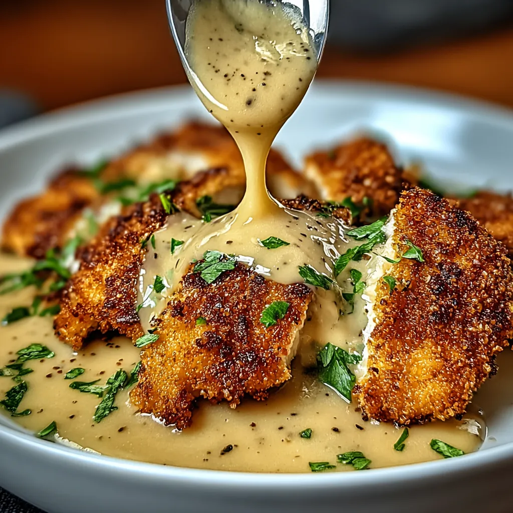 A bowl of crispy Parmesan chicken with a rich garlic sauce.