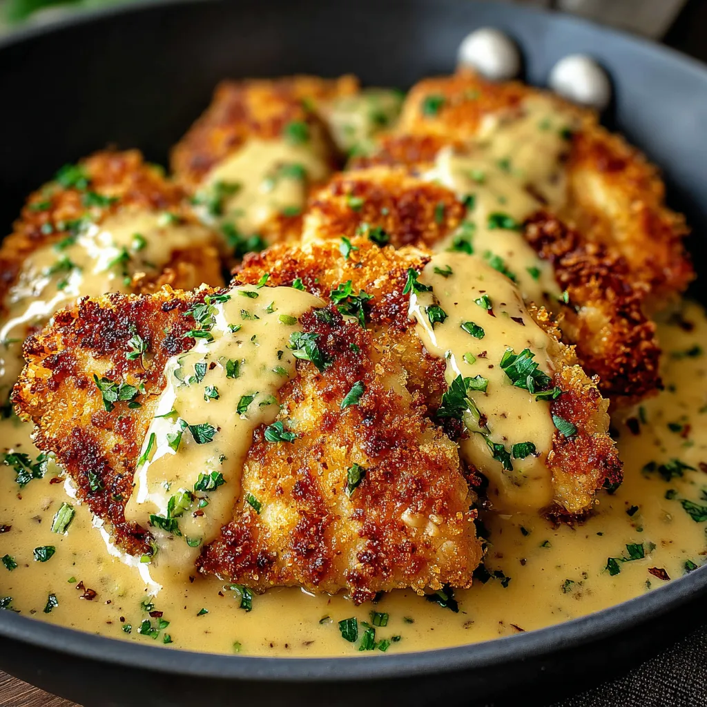 A bowl of crispy Parmesan chicken with a rich garlic sauce.