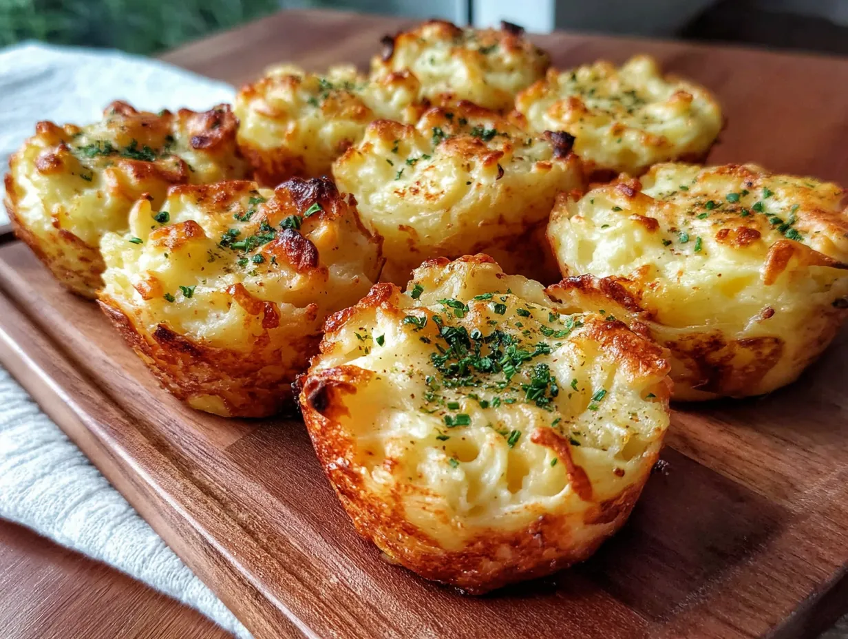 Potato cheese bombs on a wooden cutting board.