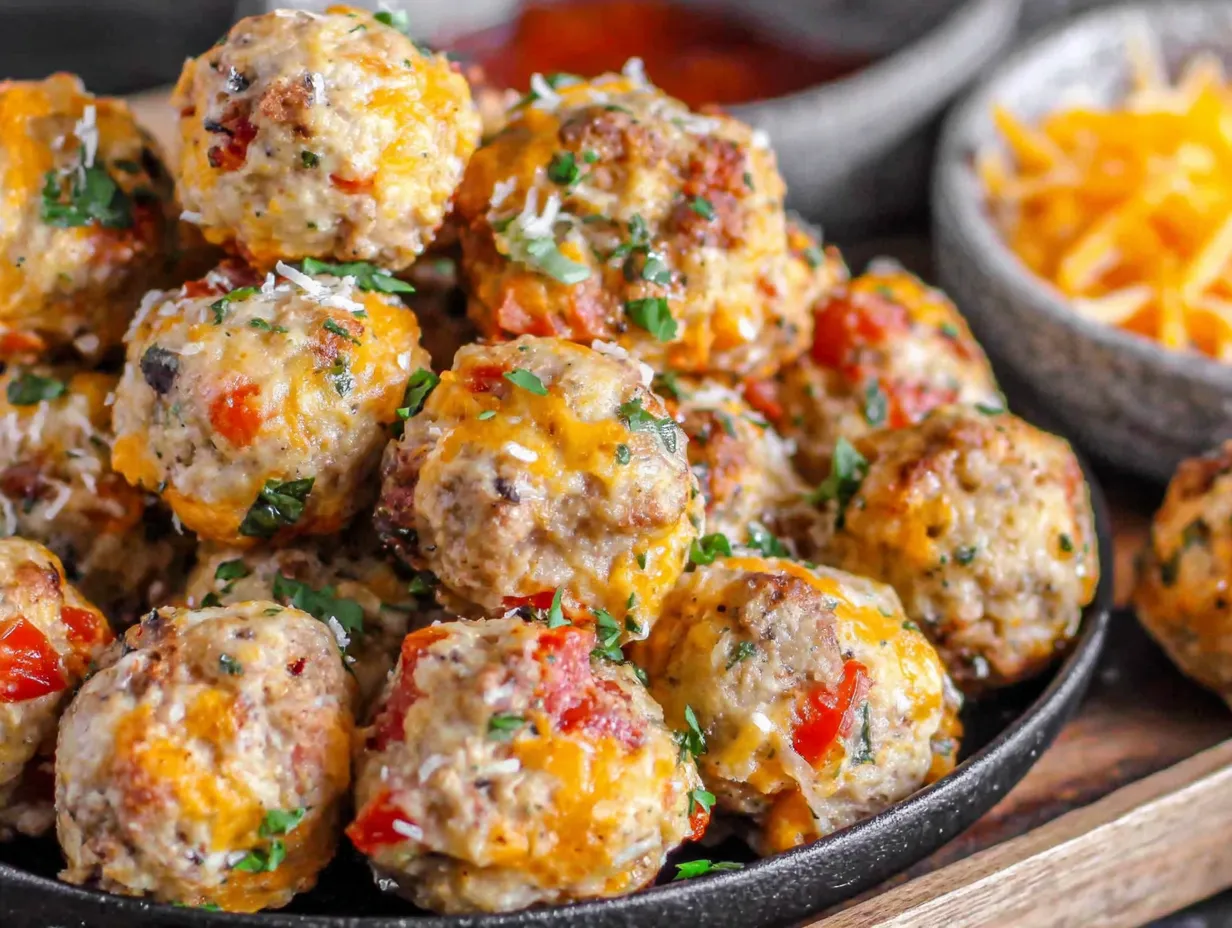 A bowl of Rotel Cream Cheese Sausage Balls.
