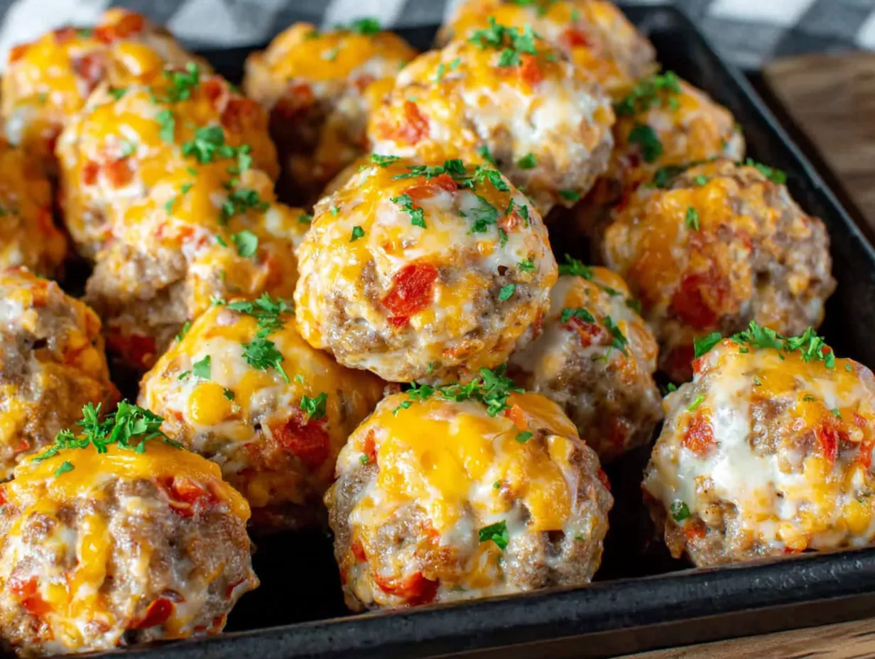 A tray of Rotel Cream Cheese Sausage Balls.