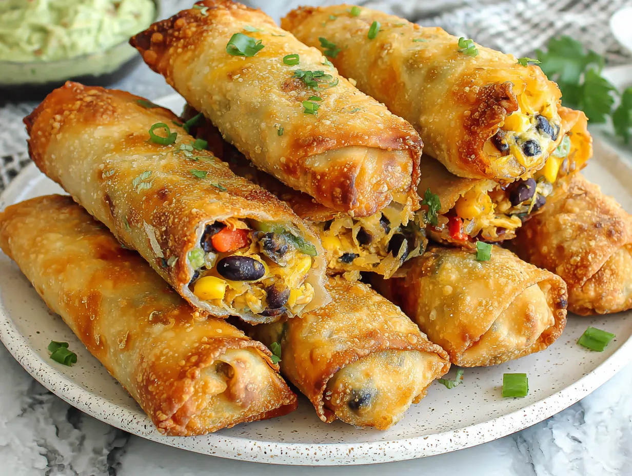 Spicy chicken egg rolls on a plate.