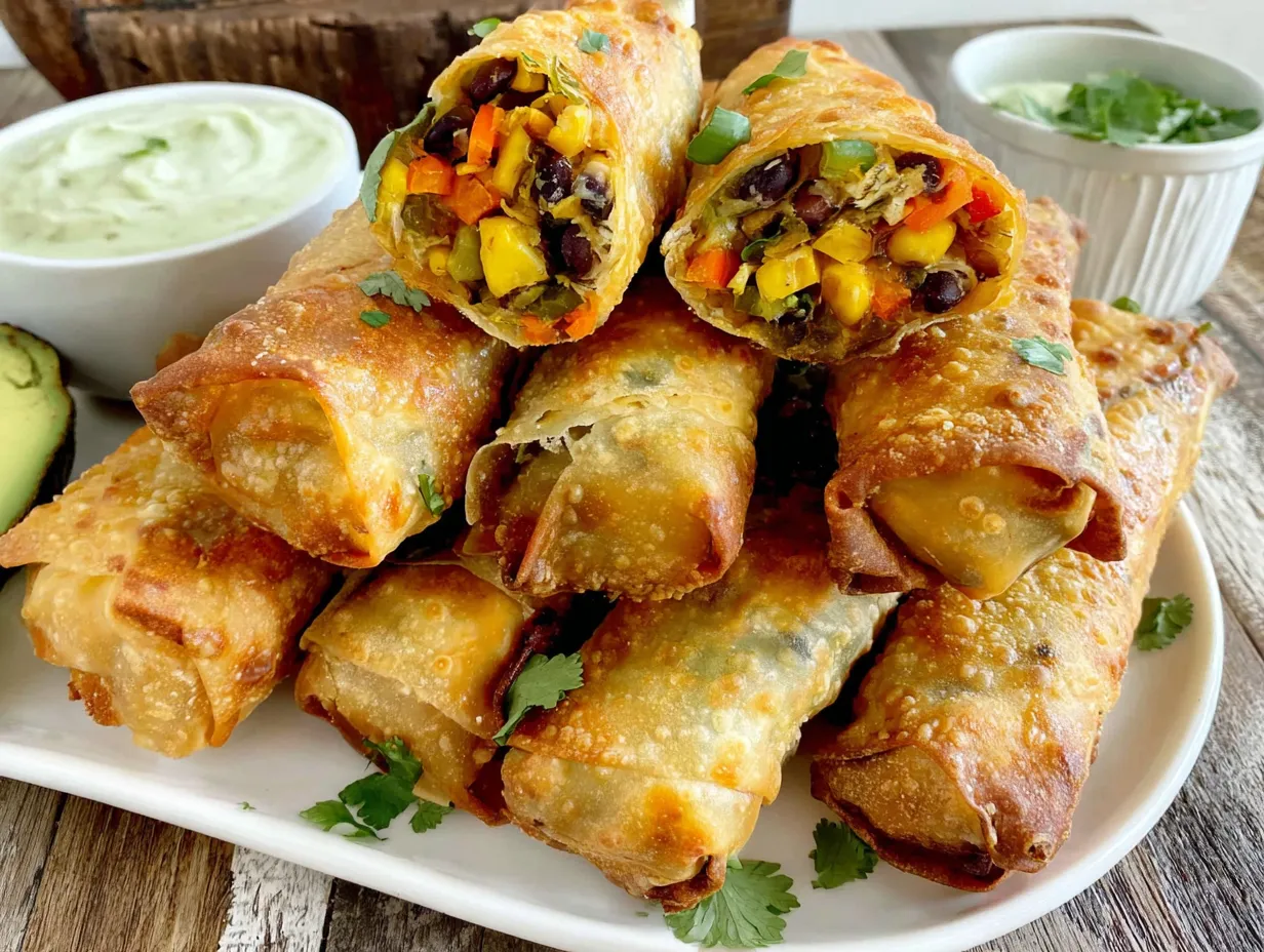 A plate of spicy chicken egg rolls.