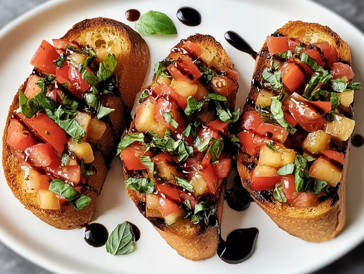 A plate of toasted bread with tomatoes and basil.
