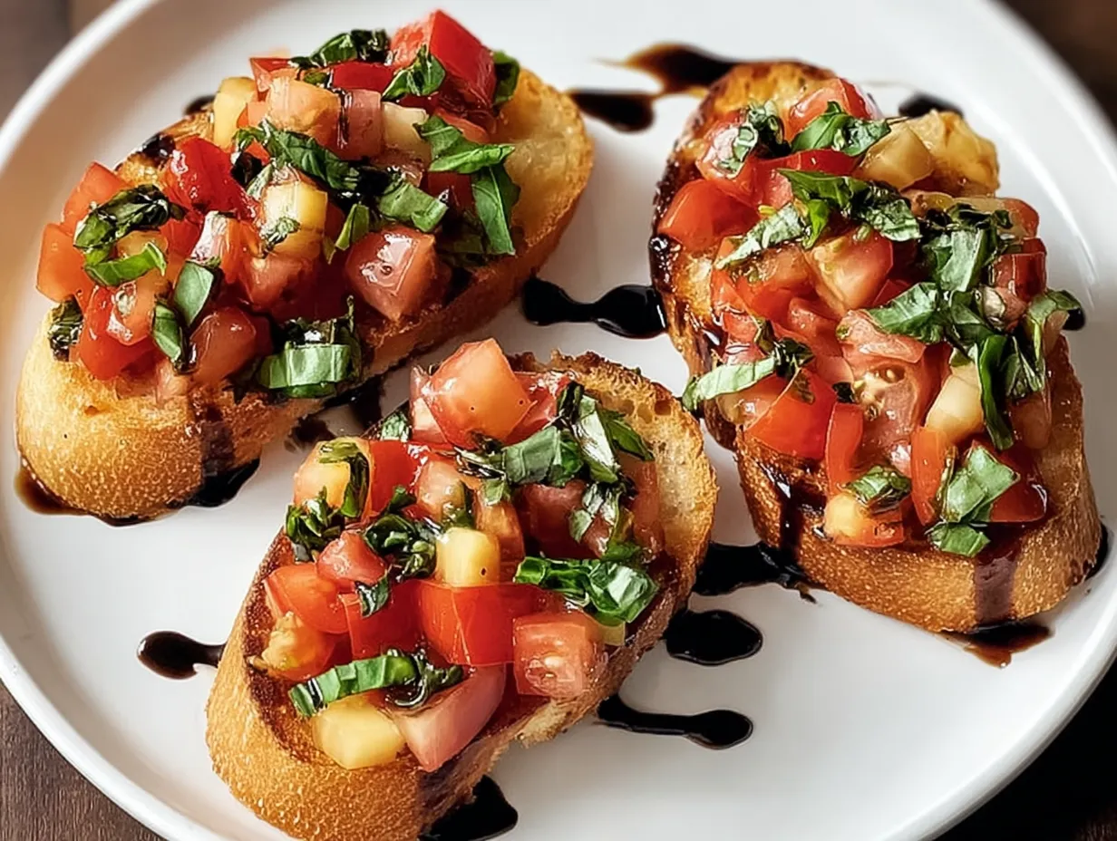 A plate of two toasted bread slices with tomatoes and basil.