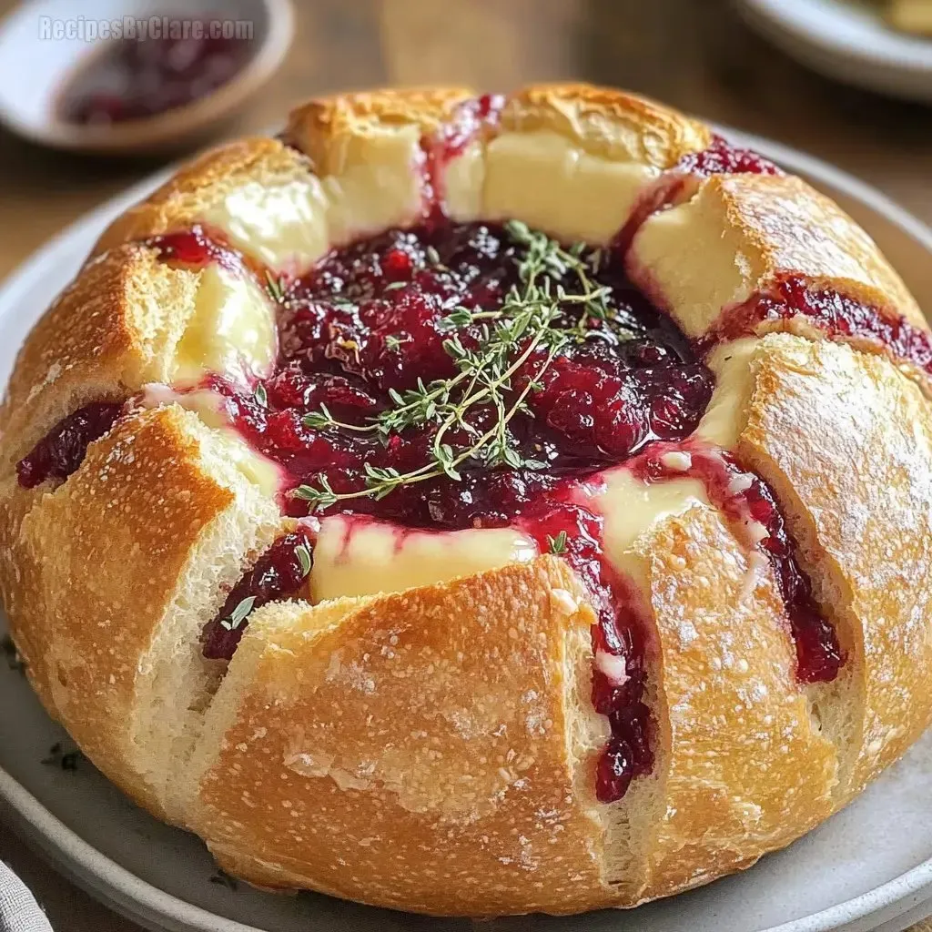 A baked brie in a bread bowl with cranberries on top.