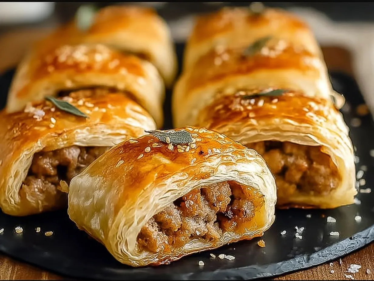 A plate of sausage rolls.