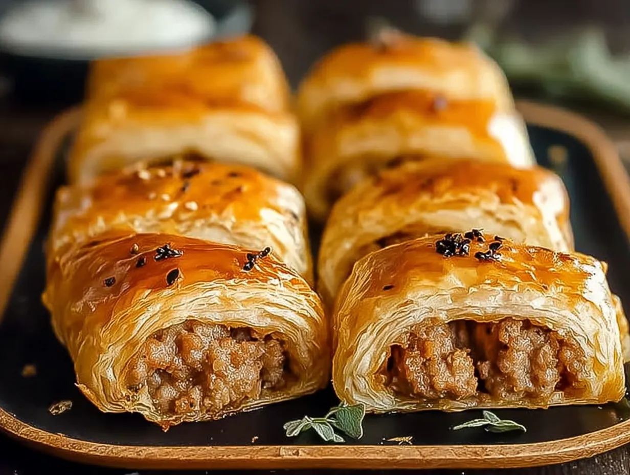 A plate of sausage rolls.