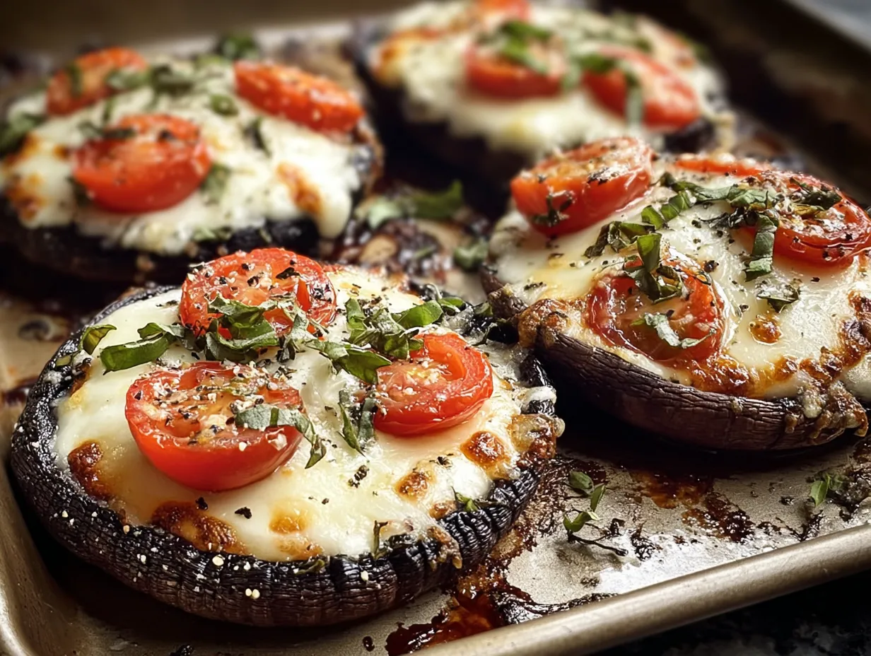Mushroom pizza bites on a tray.