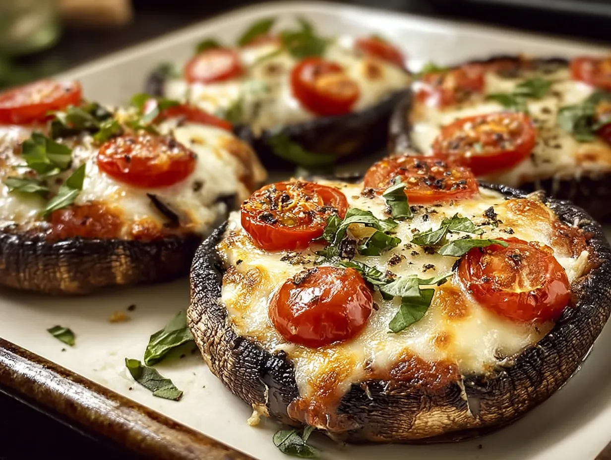 A plate of mushroom pizza bites with tomatoes and basil.