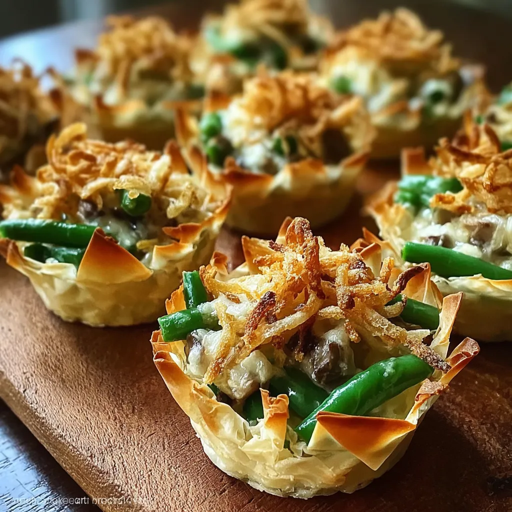 Green bean casserole cups with fried onions.