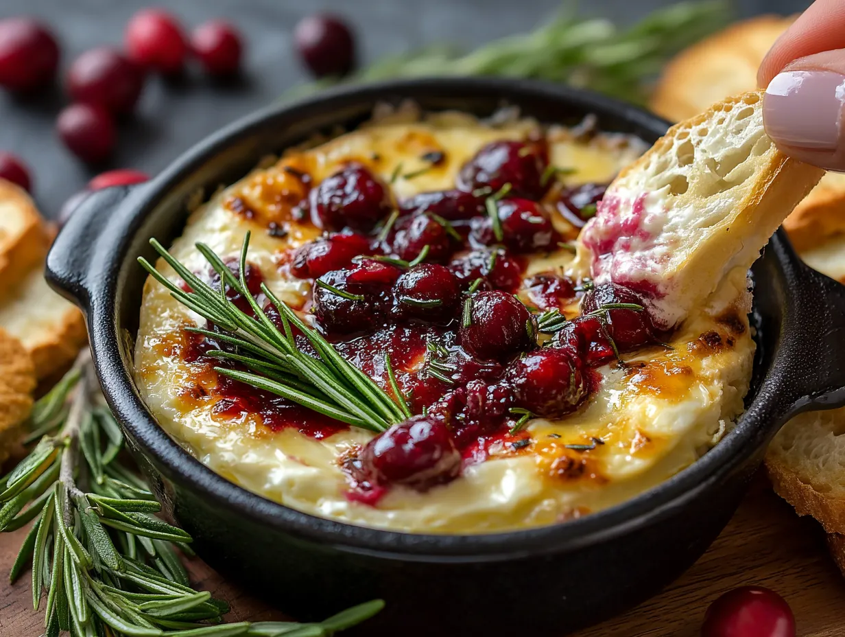 A bowl of cranberry brie dip with a spoon in it.