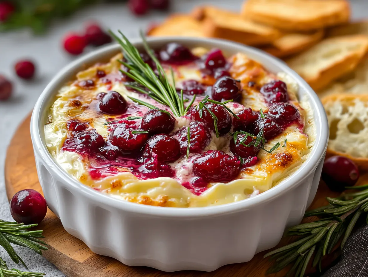 A bowl of cranberry brie dip with a sprig of rosemary on top.