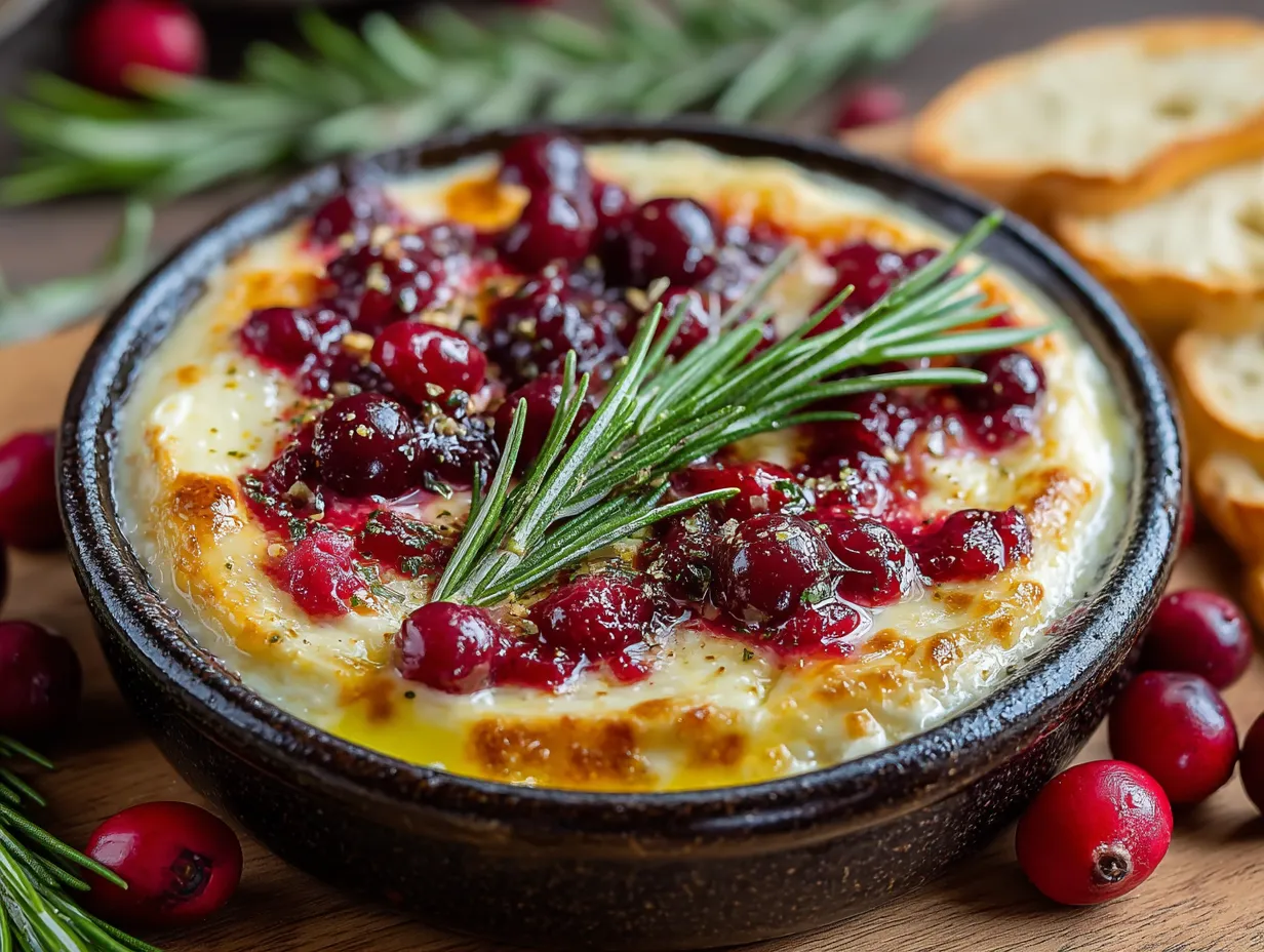A bowl of Cranberry Brie Dip with a sprig of rosemary on top.