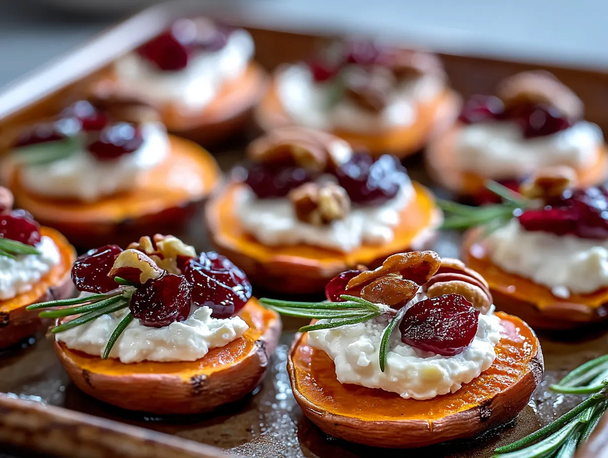 Sweet potato rounds with white cheese and cranberries.