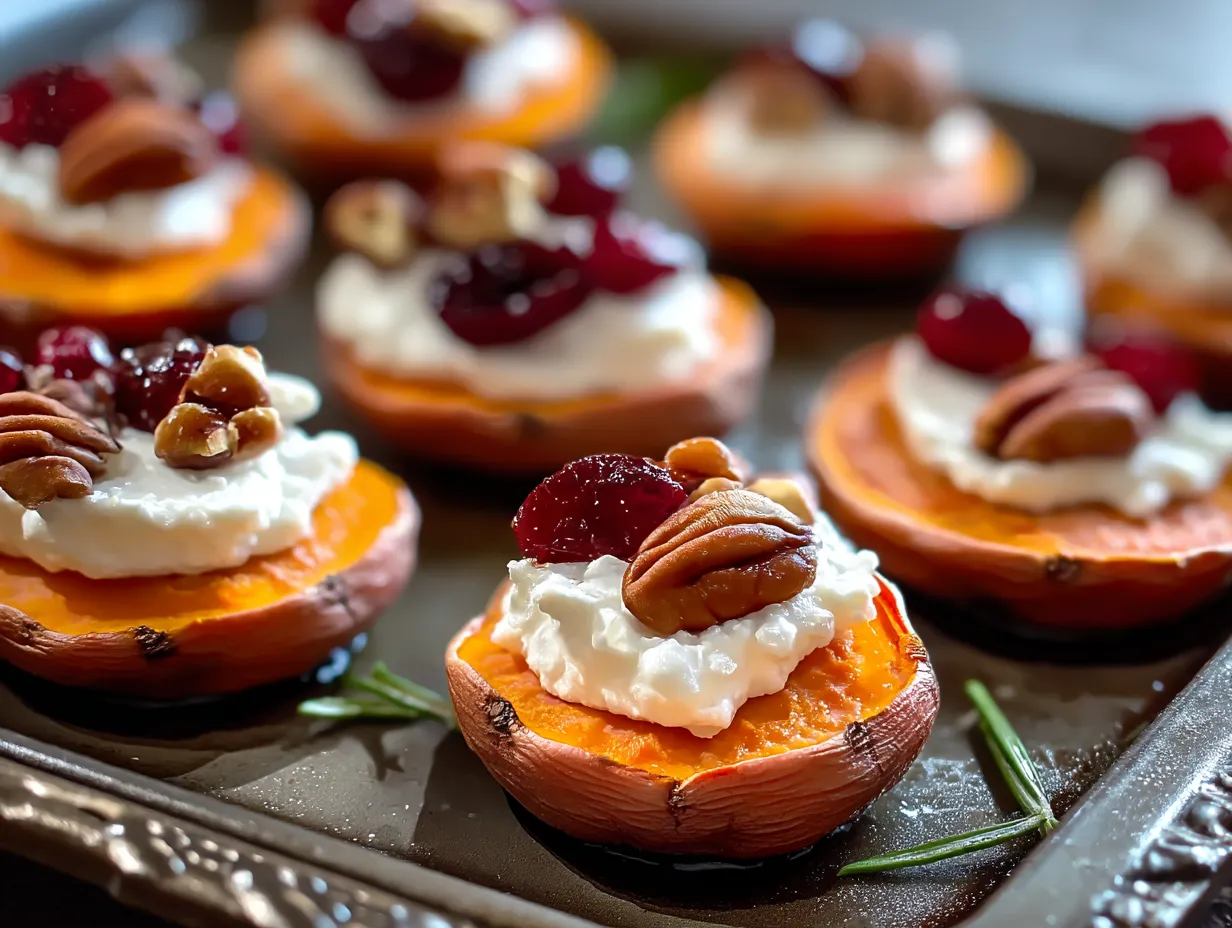 Sweet potato rounds with white cream and nuts.