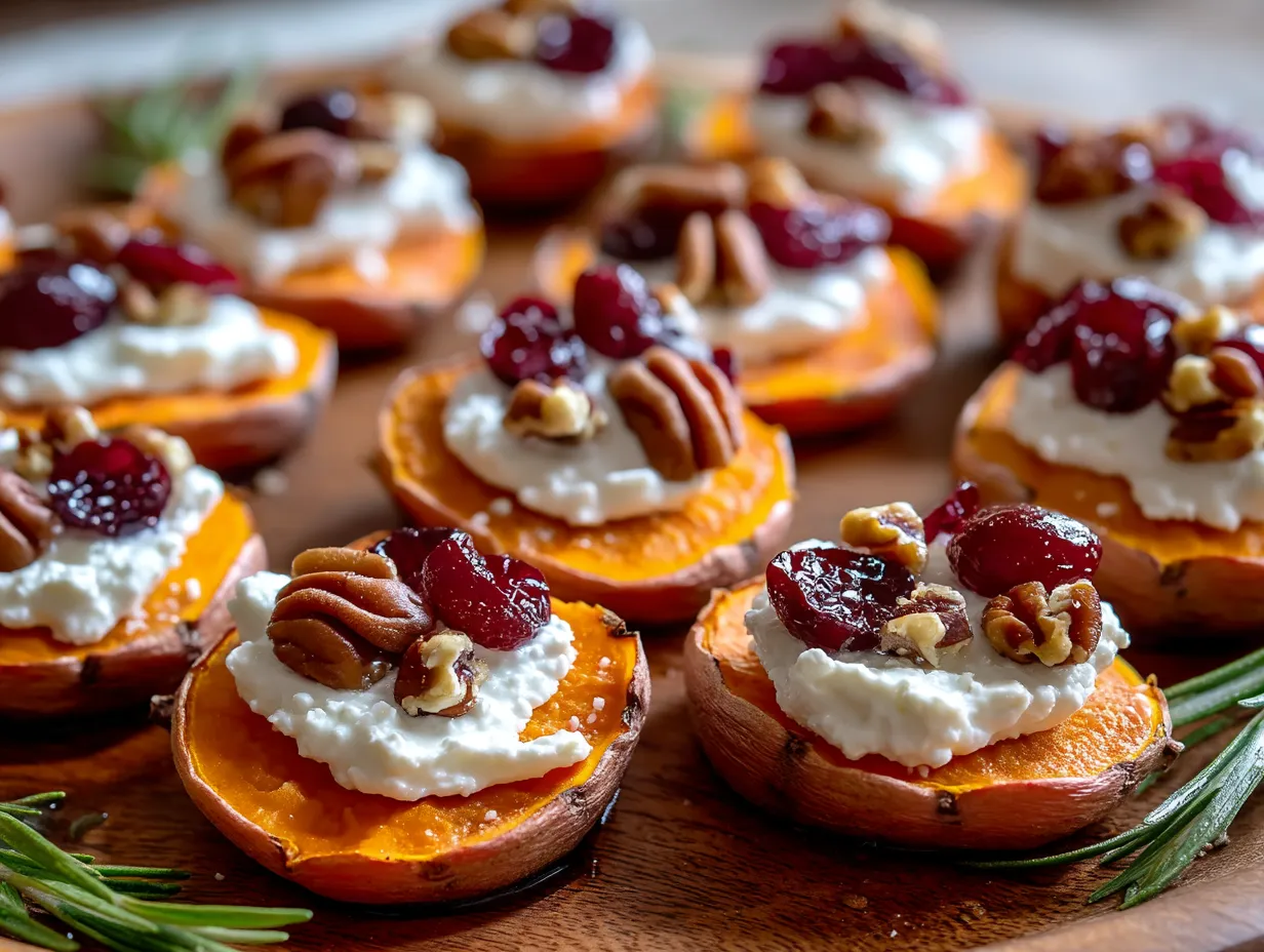 Sweet potato rounds with white cheese and nuts.