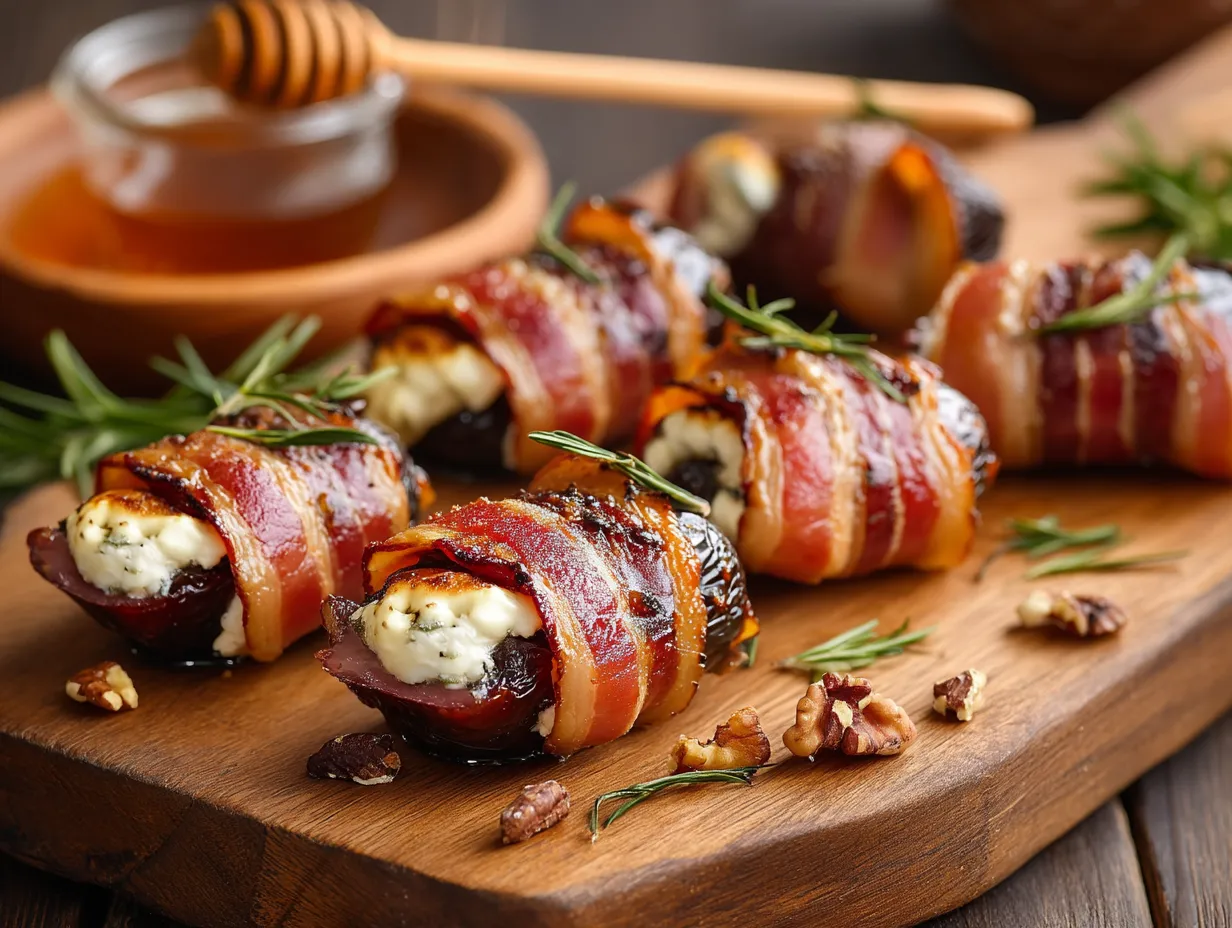 Bacon-wrapped dates with cheese and honey.
