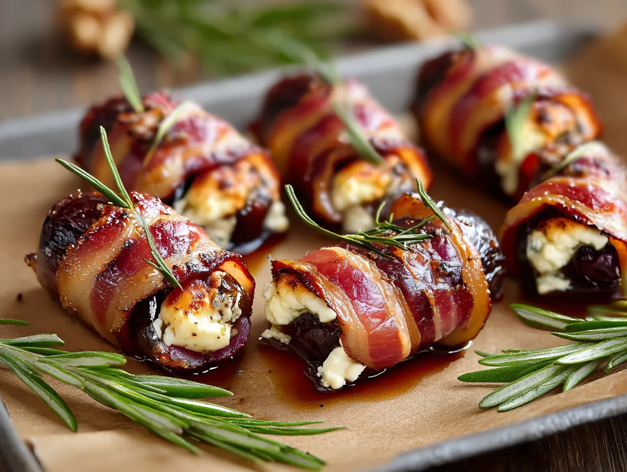 Bacon wrapped dates on a wooden board.