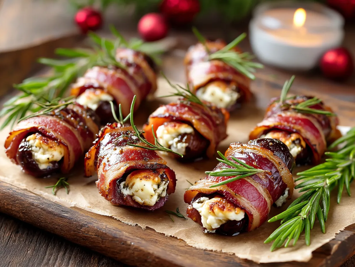 Bacon wrapped dates with cheese.