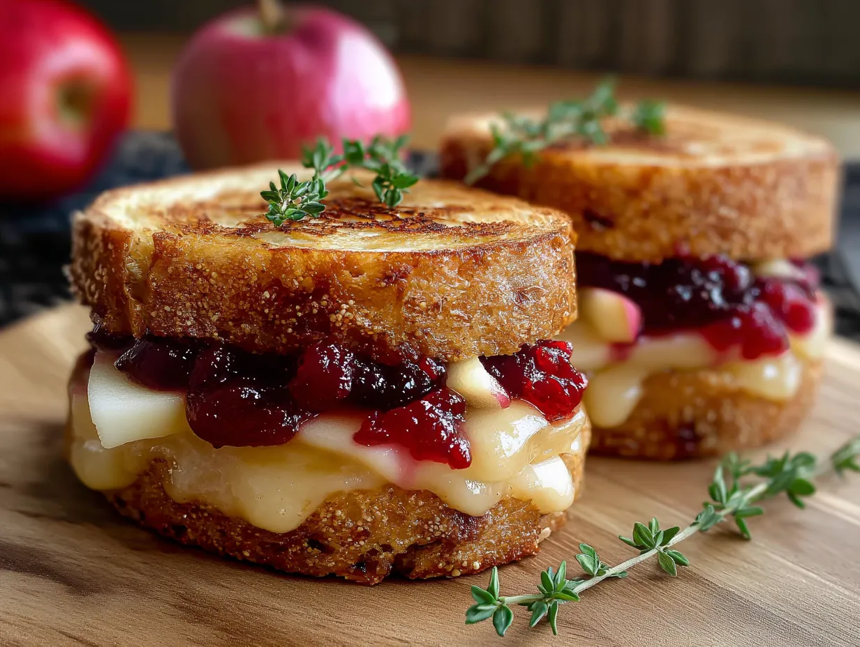 Two sandwiches with jelly and herbs.