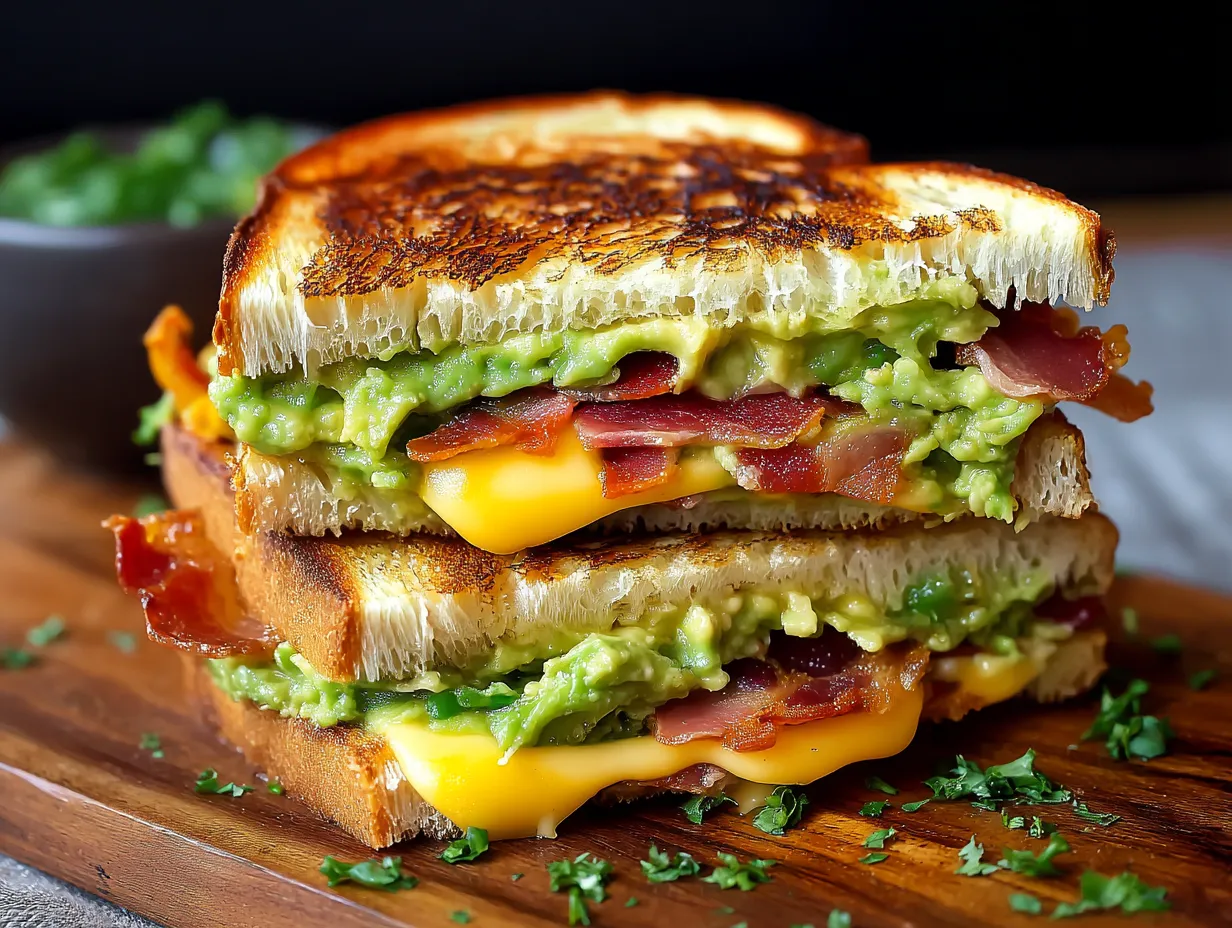 A grilled cheese sandwich with bacon and guacamole.