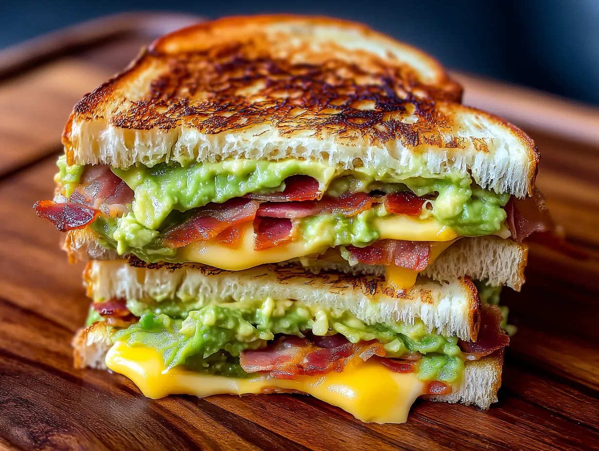 A sandwich with bacon and guacamole on a wooden table.