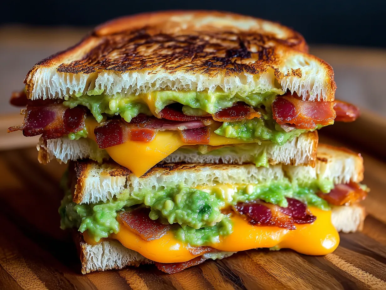 A grilled cheese sandwich with bacon and guacamole.