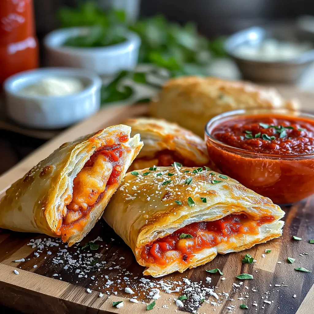 A plate of food with a bowl of sauce and a hot pocket.