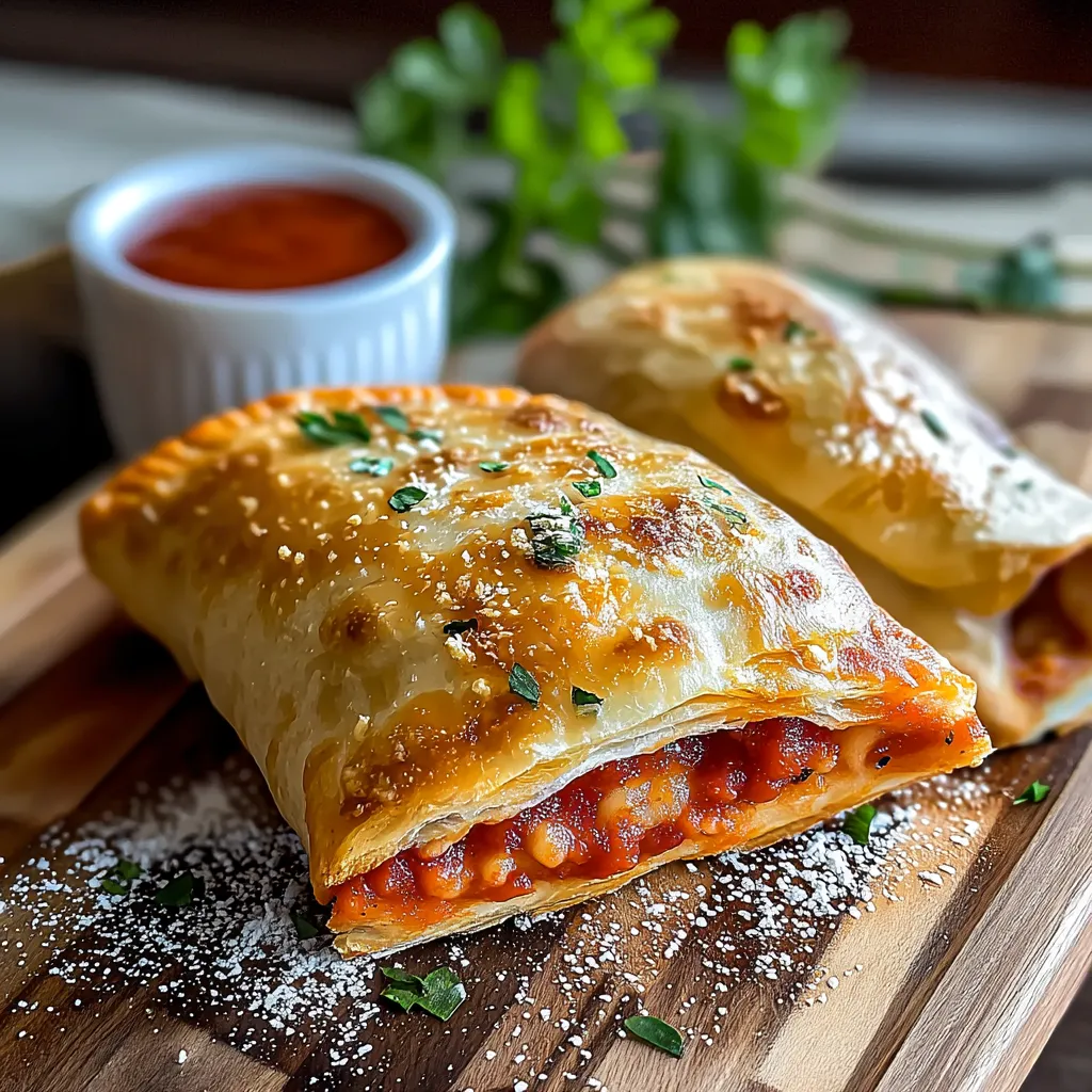 Two hot pockets with sauce on a wooden cutting board.