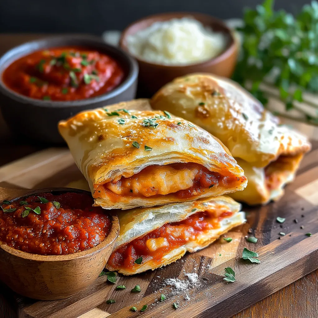 Three hot pockets on a wooden cutting board.