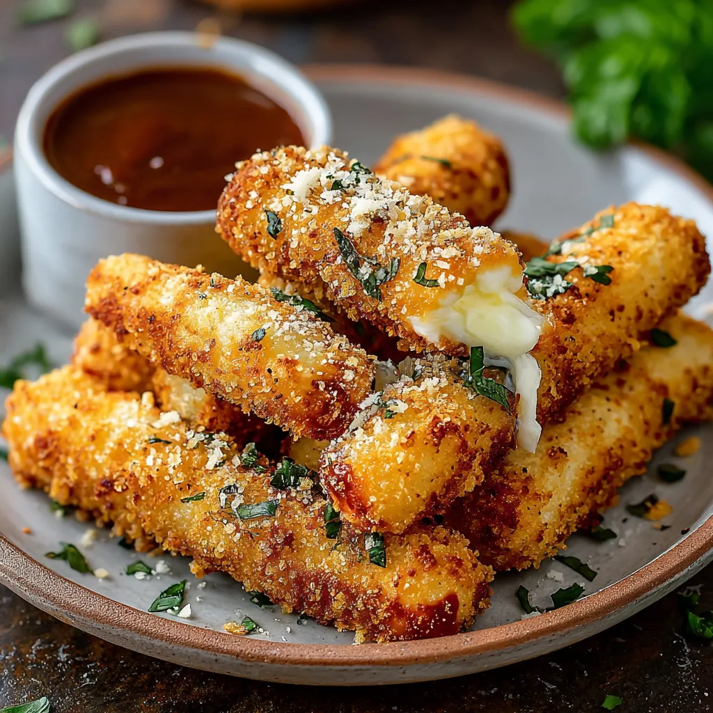 Mozzarella sticks in a bowl with a dipping sauce.