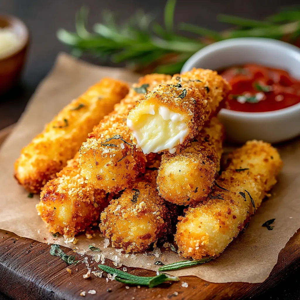Mozzarella sticks in a bowl.