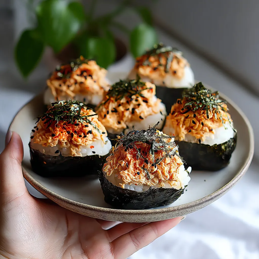 A plate of spicy tuna onigiri.